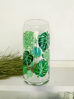 20oz Green Monstera Can Glass