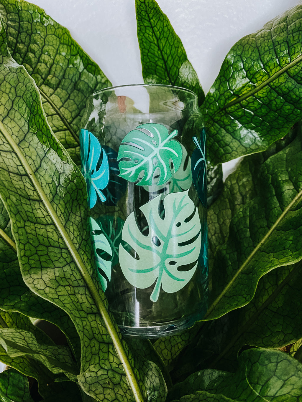 16oz Green Monstera Leaves Can Glass