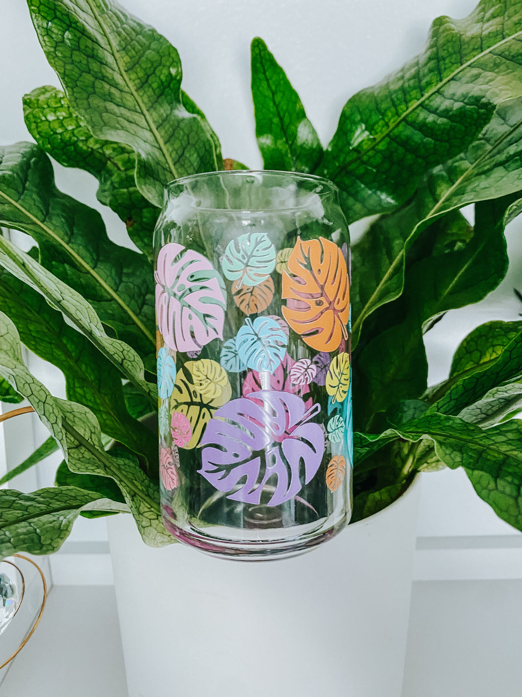 Monstera Leaves Can Glass - Bright Pastels